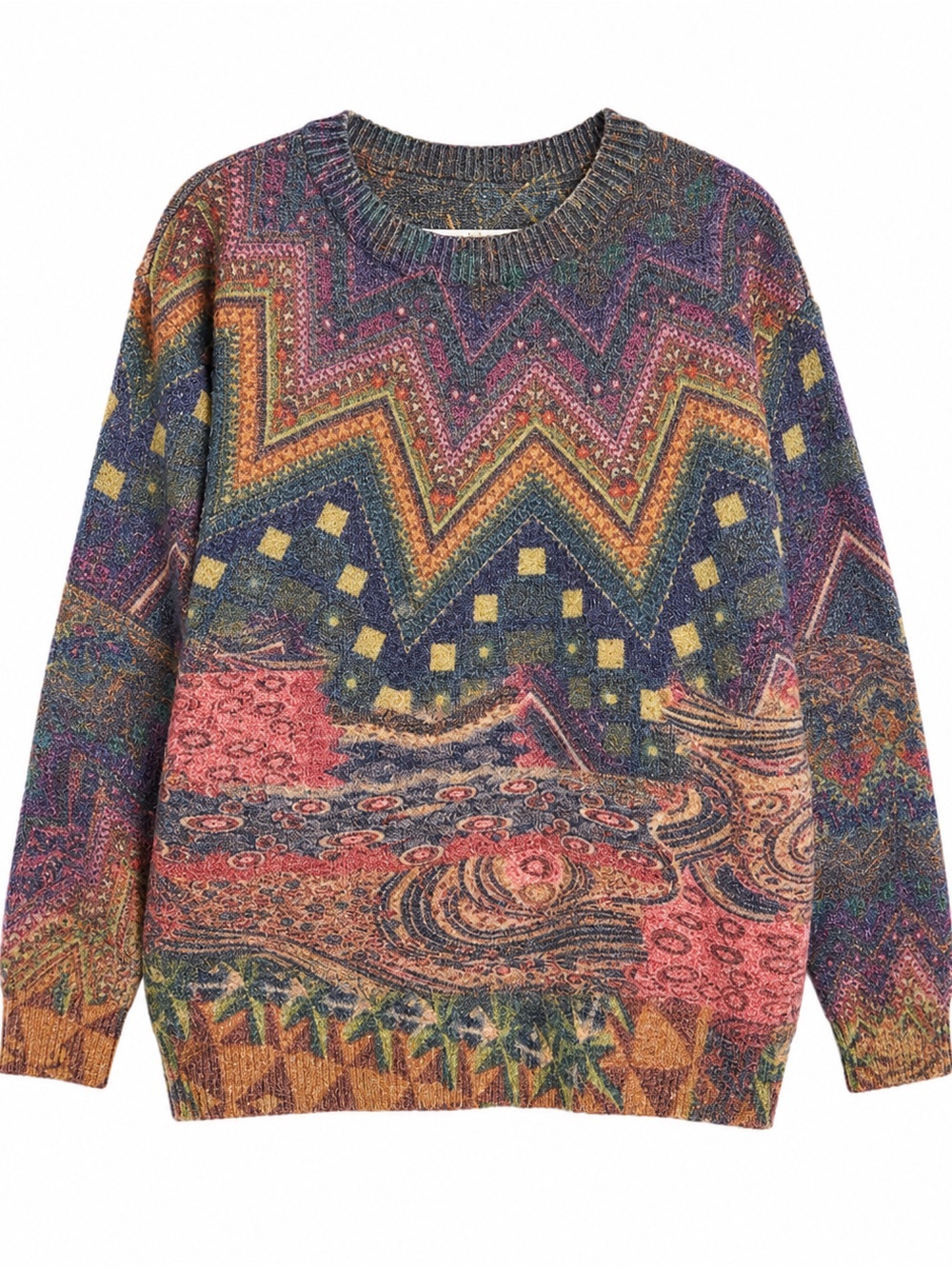 YESNO Boho Oversized Sweater Wool Blend Multicolor Zigzag Artsy - L/XL